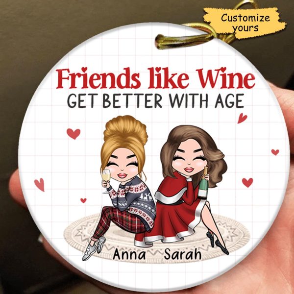 Friends Like Wine Bestie Personalized Round Ornament, Personalized Christmas Gift for Besties, Sisters, Best Friends, Siblings - RO045PS01 Discount - Image 2