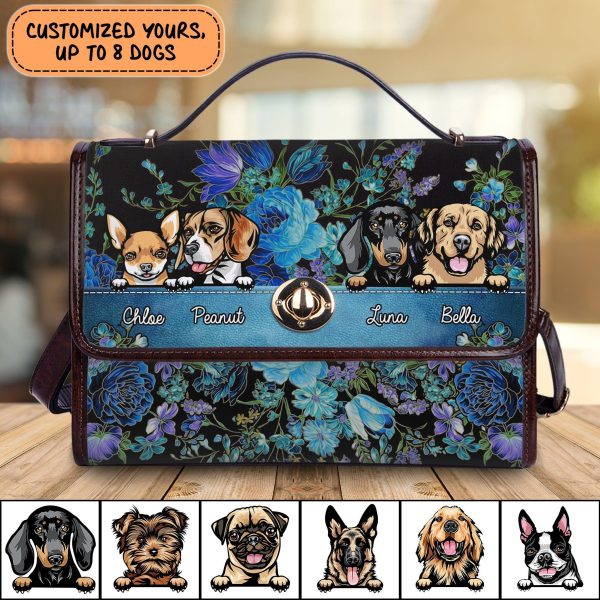 Lovely Dogs In Blue Flower Pattern Personalized Flap Handbag, Personalized Gift for Dog Lovers, Dog Dad, Dog Mom - FB014PS01 Discount - Image 4