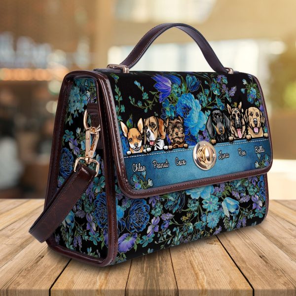 Lovely Dogs In Blue Flower Pattern Personalized Flap Handbag, Personalized Gift for Dog Lovers, Dog Dad, Dog Mom - FB014PS01 Discount - Image 2