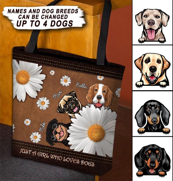 Dog Just A Girl Loves Dogs With Daisy Patterns Personalized Tote Bag, Personalized Gift for Dog Lovers, Dog Dad, Dog Mom - TO017PS07 Discount